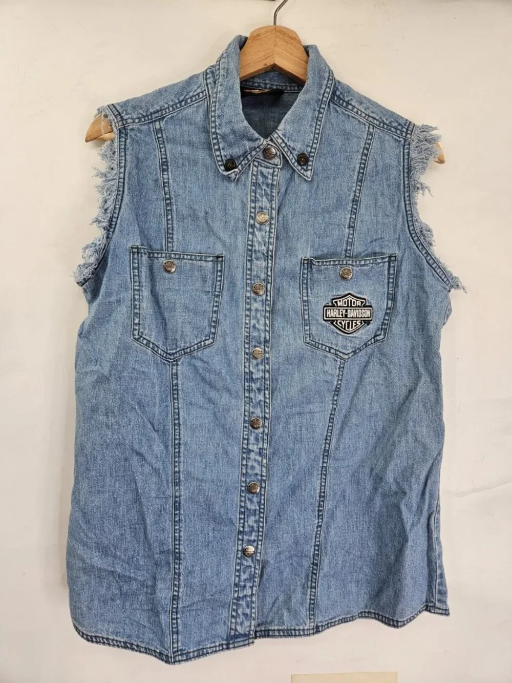 Harley Davidson Denim Trucker Vest Mens Large Metal Snap Buttons Blue Vintage